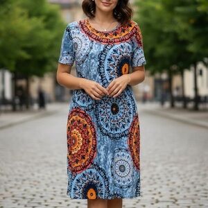 DB Moon XL Midi Dress Blue Orange Mandala Print Short Sleeve Rayon Stretch